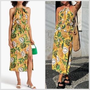 NWT Farm Rio Yellow Biriba Sleeveless Midi Open-back floral-print Dress Sz M